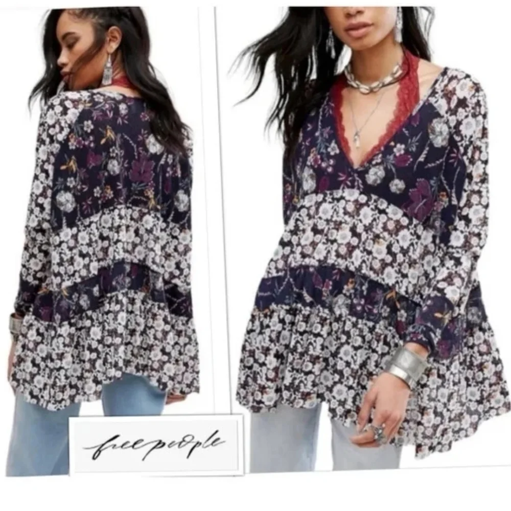 Free People Isabelle Floral Tunic Top Oversized White Blue Purple Blouse S - Picture 4 of 16